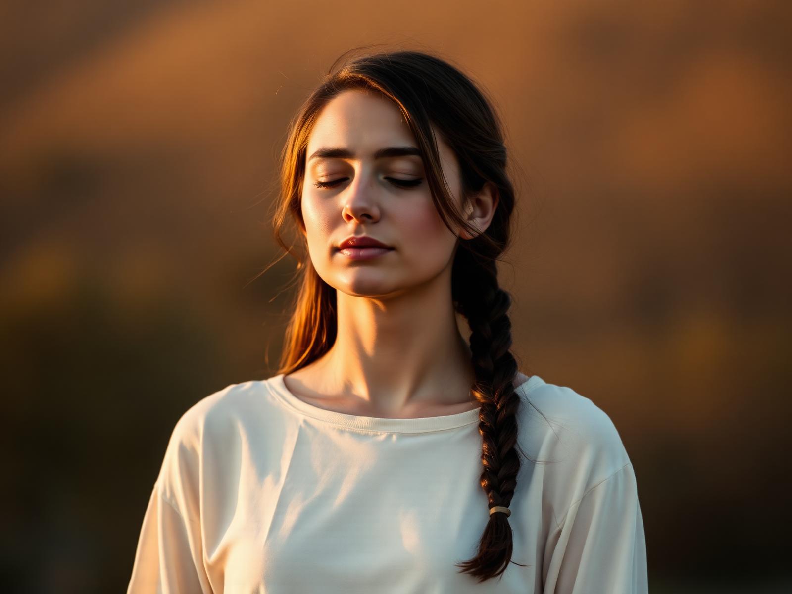 Frau in stiller Atemmeditation im warmen Sonnenuntergangslicht